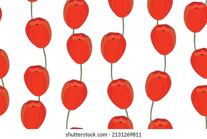 Spring colorful vector illustration with red tulips. Cartoon style. Design for fabric, textile, paper. Holiday print for Easter, Birthday, 8 march. Flowers with leaves.