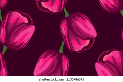 Spring colorful vector illustration with red tulips. Cartoon style. Design for fabric, textile, paper. Holiday print for Easter, Birthday, 8 march. Flowers with leaves.