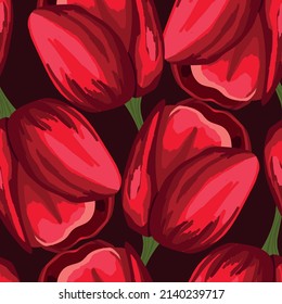 Spring colorful vector illustration with red tulips. Cartoon style. Design for fabric, textile, paper. Holiday print for Easter, Birthday, 8 march. Flowers with leaves.