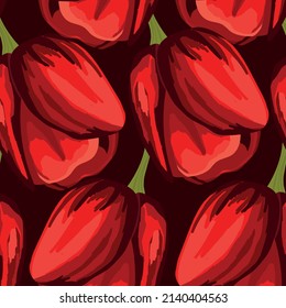 Spring colorful vector illustration with red tulips. Cartoon style. Design for fabric, textile, paper. Holiday print for Easter, Birthday, 8 march. Flowers with leaves.