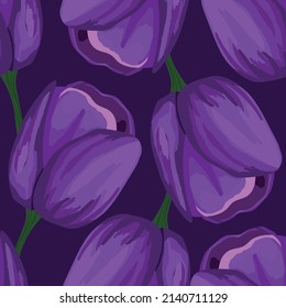 Ilustración vectorial colorida primavera con tulipanes rojos. Estilo de caricatura. Diseño para tela, textil, papel. Impresión de vacaciones para Pascua, cumpleaños, 8 de marzo. Flores con hojas.