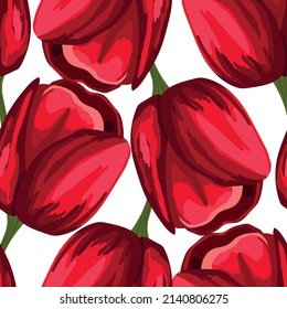 Spring colorful vector illustration with red tulips. Cartoon style. Design for fabric, textile, paper. Holiday print for Easter, Birthday, 8 march. Flowers with leaves.