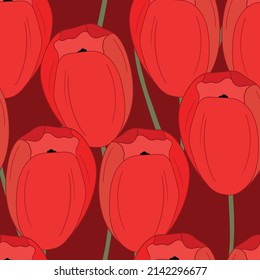 Spring colorful vector illustration with red tulips. Cartoon style. Design for fabric, textile, paper. Holiday print for Easter, Birthday, 8 march. Flowers with leaves.