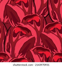 Spring colorful vector illustration with red tulips. Cartoon style. Design for fabric, textile, paper. Holiday print for Easter, Birthday, 8 march. Flowers with leaves.