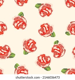 Spring colorful vector illustration with red roses. Cartoon style. Design for fabric, textile, paper. Holiday print for Easter, Birthday, 8 march. Flowers with leaves.