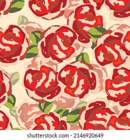 Spring colorful vector illustration with red roses. Cartoon style. Design for fabric, textile, paper. Holiday print for Easter, Birthday, 8 march. Flowers with leaves.