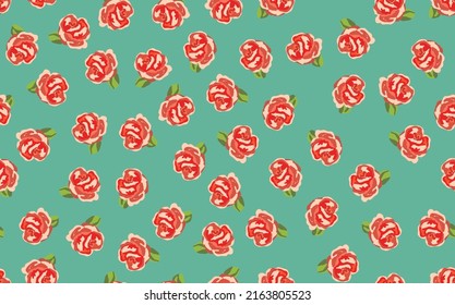 Ilustración vectorial colorida primavera con rosas rojas. Estilo de caricatura. Diseño para tela, textil, papel. Impresión de vacaciones para Pascua, cumpleaños, 8 de marzo. Flores con hojas.