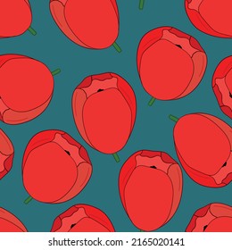 Spring colorful vector illustration with red tulips. Cartoon style. Simple minimalistic pattern with nature elements. Vector illustration for fabric, textile, poster, invitation.