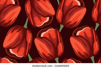 Spring colorful vector illustration with red tulips. Cartoon style. Design for fabric, textile, paper. Holiday print for Easter, Birthday, 8 march. Flowers with leaves.