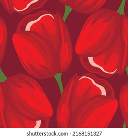 Spring colorful vector illustration with red tulips. Cartoon style. Design for fabric, textile, paper. Holiday print for Easter, Birthday, 8 march. Flowers with leaves.