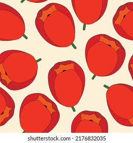 Spring colorful vector illustration with red tulips. Cartoon style. Simple minimalistic pattern with nature elements. Vector illustration for fabric, textile, poster, invitation.