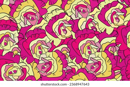 Spring colorful vector illustration with red roses. Cartoon style. Design for fabric, textile, paper. Holiday print for Easter, Birthday, 8 march. Flowers with leaves.