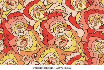 Spring colorful vector illustration with red roses. Cartoon style. Design for fabric, textile, paper. Holiday print for Easter, Birthday, 8 march. Flowers with leaves.