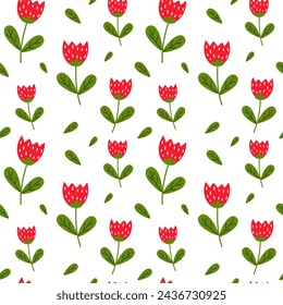 Spring colorful vector illustration with red tulips. Design for fabric, textile, paper. Holiday print for Easter, Birthday, 8 March. Flowers with leaves.