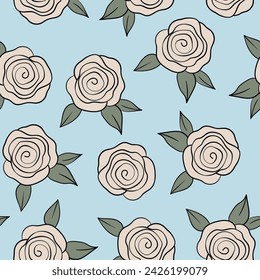 Ilustración vectorial colorida de primavera con rosas. Estilo de dibujos animados. Diseño para tela, textil, papel. Impresión de vacaciones para Pascua, cumpleaños, 8 de marzo. Flores con hojas.