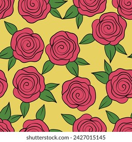 Spring colorful vector illustration with roses. Cartoon style. Design for fabric, textile, paper. Holiday print for Easter, Birthday, 8 march. Flowers with leaves.