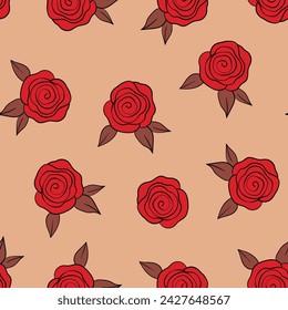 Spring colorful vector illustration with roses. Cartoon style. Design for fabric, textile, paper. Holiday print for Easter, Birthday, 8 march. Flowers with leaves.