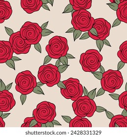 Spring colorful vector illustration with roses. Cartoon style. Design for fabric, textile, paper. Holiday print for Easter, Birthday, 8 march. Flowers with leaves.