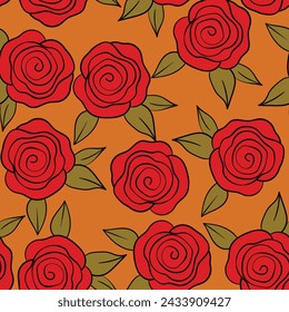 Spring colorful vector illustration with roses. Cartoon style. Design for fabric, textile, paper. Holiday print for Easter, Birthday, 8 march. Flowers with leaves.