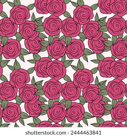 Spring colorful vector illustration with roses. Cartoon style. Design for fabric, textile, paper. Holiday print for Easter, Birthday, 8 march. Flowers with leaves.