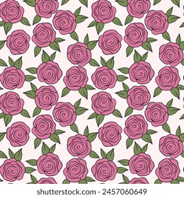 Spring colorful vector illustration with roses. Cartoon style. Design for fabric, textile, paper. Holiday print for Easter, Birthday, 8 march. Flowers with leaves.