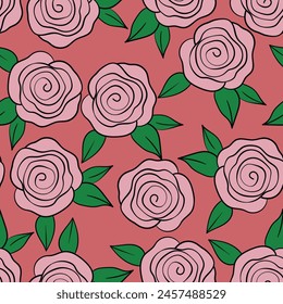 Spring colorful vector illustration with roses. Cartoon style. Design for fabric, textile, paper. Holiday print for Easter, Birthday, 8 march. Flowers with leaves.