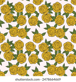 Spring colorful vector illustration with roses. Cartoon style. Design for fabric, textile, paper. Holiday print for Easter, Birthday, 8 march. Flowers with leaves.