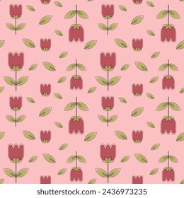 Spring colorful vector illustration with tulip. Design for fabric, textile, paper. Holiday print for Easter, Birthday, 8 March. Flowers with leaves.