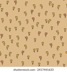 Spring colorful vector illustration with tulips. Cartoon style. Simple minimalistic pattern with nature elements. Vector illustration for fabric, textile, poster, invitation.
