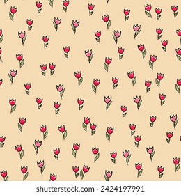 Spring colorful vector illustration with tulips. Cartoon style. Simple minimalistic pattern with nature elements. Vector illustration for fabric, textile, poster, invitation.