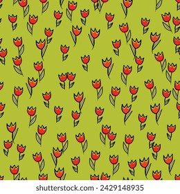 Spring colorful vector illustration with tulips. Cartoon style. Simple minimalistic pattern with nature elements. Vector illustration for fabric, textile, poster, invitation.
