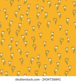 Spring colorful vector illustration with tulips. Cartoon style. Simple minimalistic pattern with nature elements. Vector illustration for fabric, textile, poster, invitation.