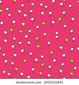 Spring colorful vector illustration with tulips. Cartoon style. Simple minimalistic pattern with nature elements. Vector illustration for fabric, textile, poster, invitation.
