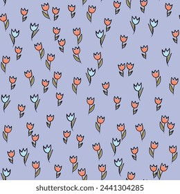 Spring colorful vector illustration with tulips. Cartoon style. Simple minimalistic pattern with nature elements. Vector illustration for fabric, textile, poster, invitation.