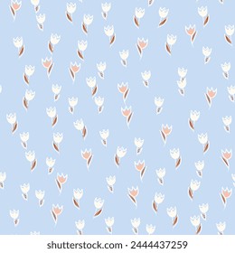 Spring colorful vector illustration with tulips. Cartoon style. Simple minimalistic pattern with nature elements. Vector illustration for fabric, textile, poster, invitation.