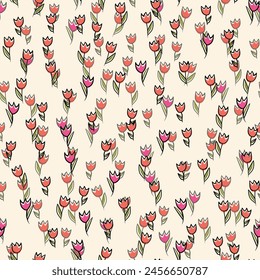 Spring colorful vector illustration with tulips. Cartoon style. Simple minimalistic pattern with nature elements. Vector illustration for fabric, textile, poster, invitation.