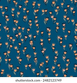 Spring colorful vector illustration with tulips. Cartoon style. Simple minimalistic pattern with nature elements. Vector illustration for fabric, textile, poster, invitation.
