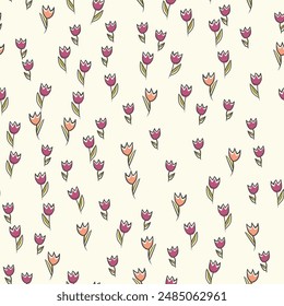 Spring colorful vector illustration with tulips. Cartoon style. Simple minimalistic pattern with nature elements. Vector illustration for fabric, textile, poster, invitation.