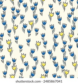 Spring colorful vector illustration with tulips. Cartoon style. Simple minimalistic pattern with nature elements. Vector illustration for fabric, textile, poster, invitation.