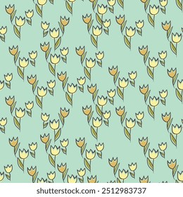 Ilustración vectorial colorida de primavera con tulipanes. Estilo de dibujos animados. Patrón minimalista simple con Elementos de la naturaleza. Ilustración vectorial para tela, textil, cartel, invitación.