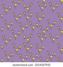 Spring colorful vector illustration with tulips. Cartoon style. Simple minimalistic pattern with nature elements. Vector illustration for fabric, textile, poster, invitation.