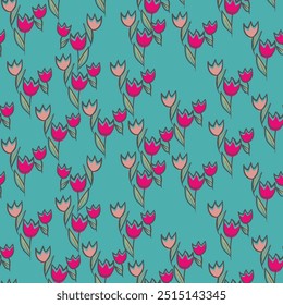 primavera ilustração vetor colorido com tulipas. Estilo de desenho animado. Padrão minimalista simples com elementos da natureza. Ilustração vetorial para tecido, têxtil, cartaz, convite.