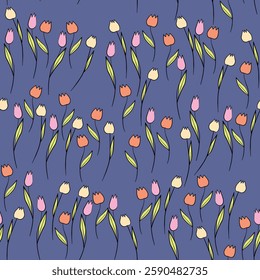 Spring colorful vector illustration with tulips. Cartoon style. Simple minimalistic pattern with nature elements. Vector illustration for fabric, textile, poster, invitation.