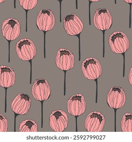 Spring colorful vector illustration with tulips. Cartoon style. Simple minimalistic pattern with nature elements. Vector illustration for fabric, textile, poster, invitation.