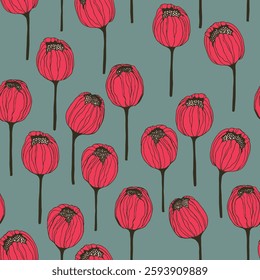Spring colorful vector illustration with tulips. Cartoon style. Simple minimalistic pattern with nature elements. Vector illustration for fabric, textile, poster, invitation.