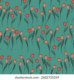 Spring colorful vector illustration with tulips. Cartoon style. Simple minimalistic pattern with nature elements. Vector illustration for fabric, textile, poster, invitation.