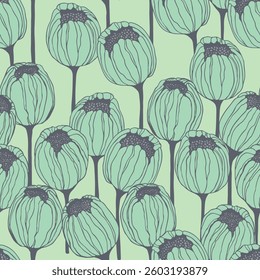 Spring colorful vector illustration with tulips. Cartoon style. Simple minimalistic pattern with nature elements. Vector illustration for fabric, textile, poster, invitation.