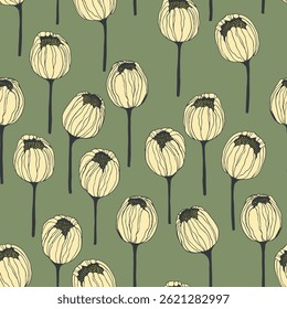 Spring colorful vector illustration with tulips. Cartoon style. Simple minimalistic pattern with nature elements. Vector illustration for fabric, textile, poster, invitation.