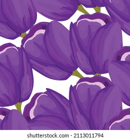 Spring colorful vector illustration with violet tulips. Cartoon style. Design for fabric, textile, paper. Holiday print for Easter, Birthday, 8 march. Flowers with leaves.
