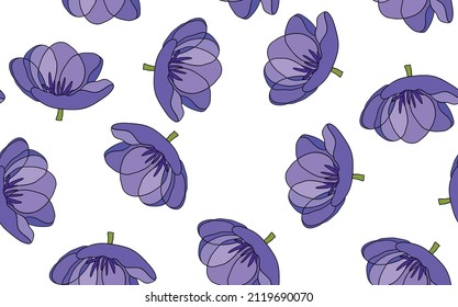 Spring colorful vector illustration with violet tulips. Cartoon style. Design for fabric, textile, paper. Holiday print for Easter, Birthday, 8 march. Flowers with leaves.